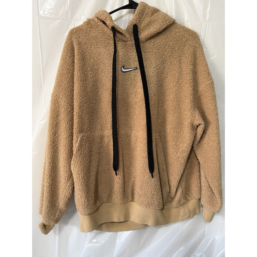 Nike Sportswear Sherpa Fleece Hoodie Tan Beige Center Swoosh Pullover Mens Small